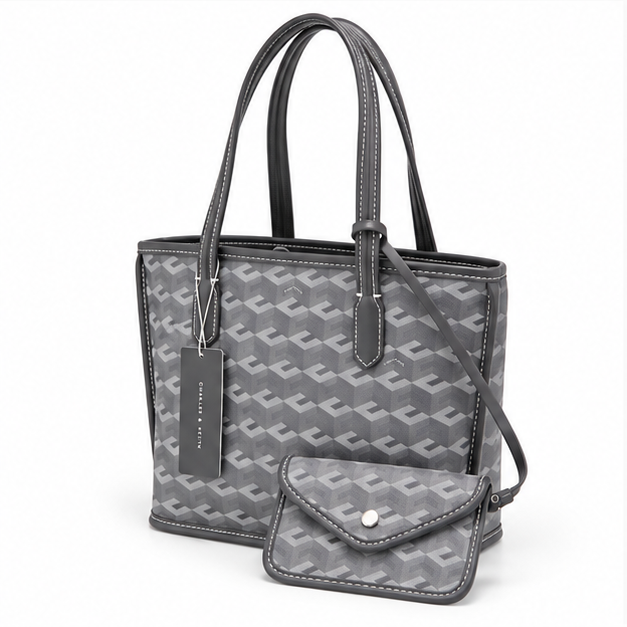 Grey Monogram Tote With Matching Pouch-3