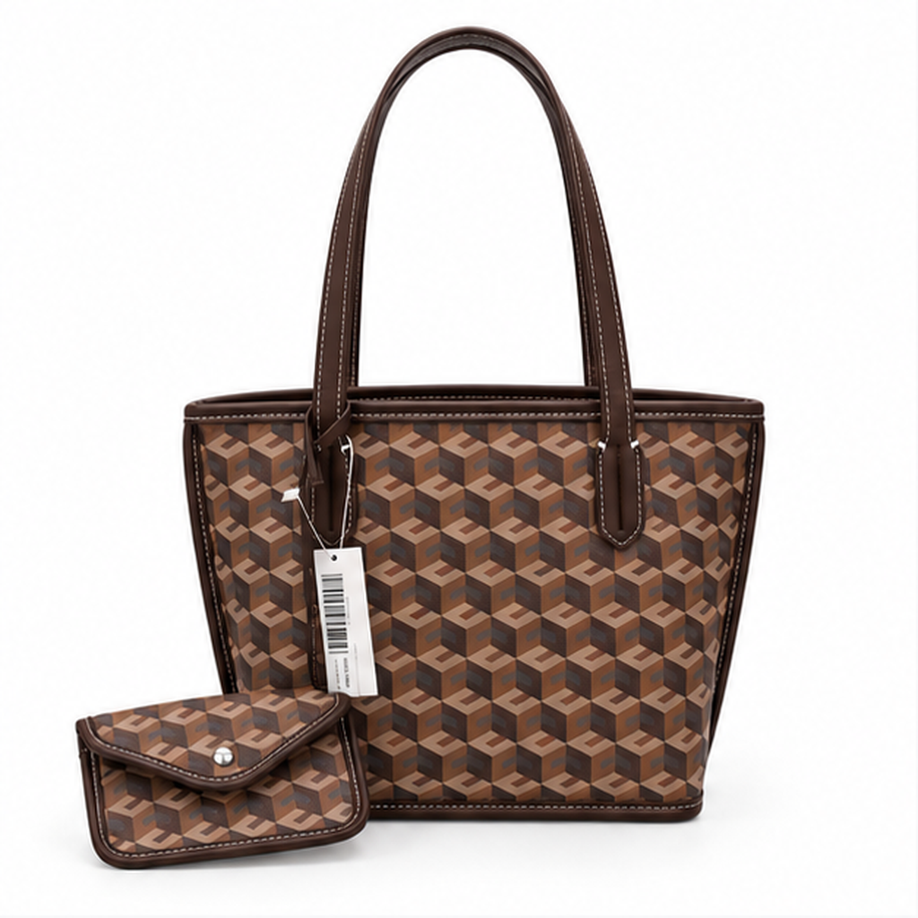 Brown Geometric Pattern Structured Tote Handbag-4