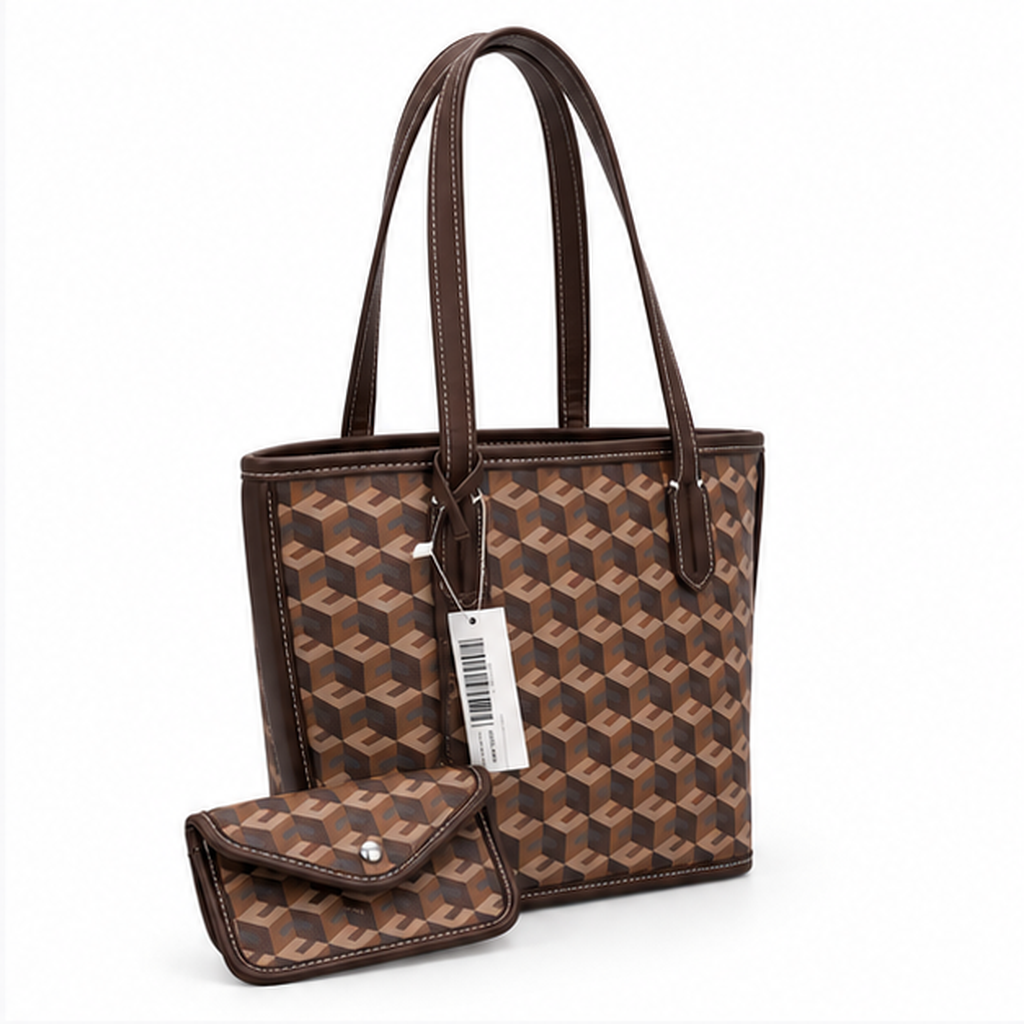 Brown Geometric Pattern Structured Tote Handbag-1