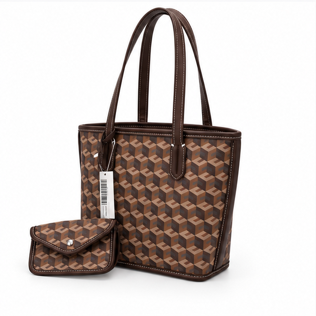 Brown Geometric Pattern Structured Tote Handbag-3