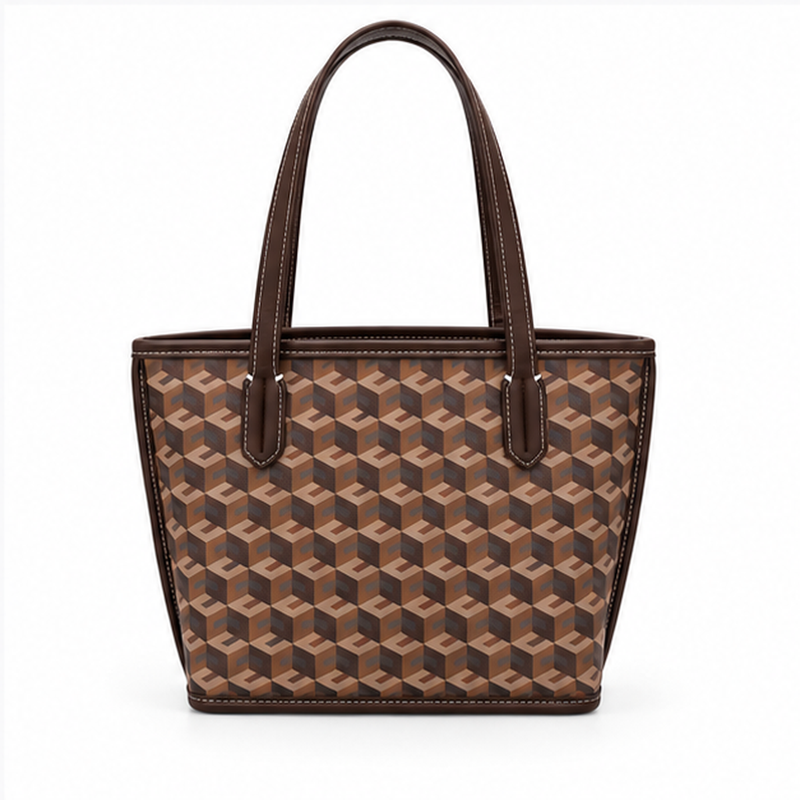 Brown Geometric Pattern Structured Tote Handbag-2