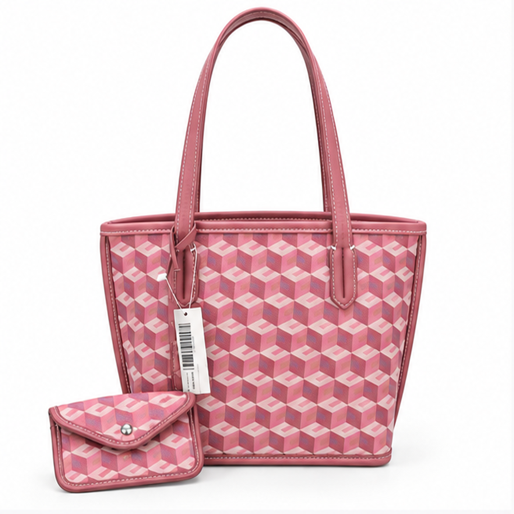 Pink Geometric Pattern Structured Tote Handbag-4