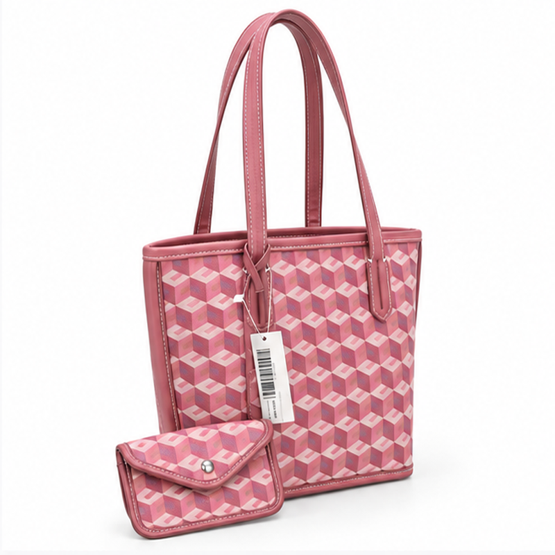 Pink Geometric Pattern Structured Tote Handbag-1