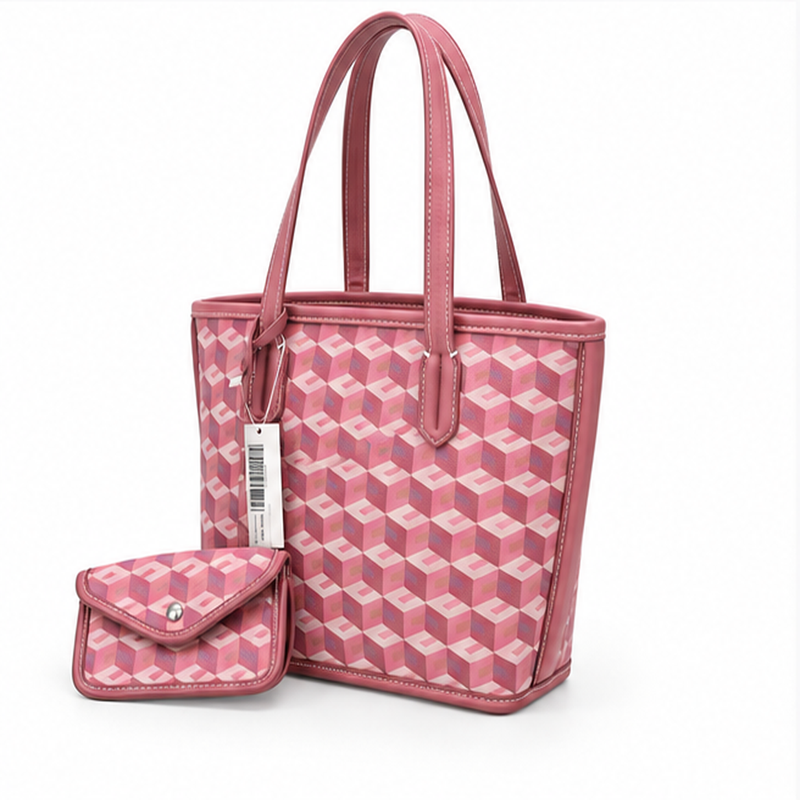 Pink Geometric Pattern Structured Tote Handbag-3