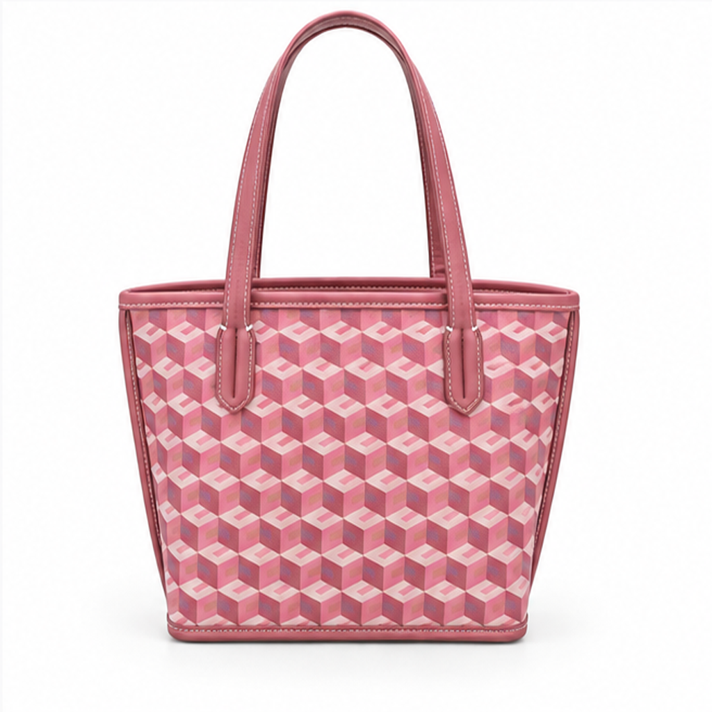 Pink Geometric Pattern Structured Tote Handbag-2