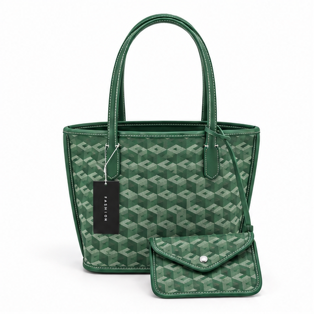 Green Geometric Tote Bag With Pouch-4