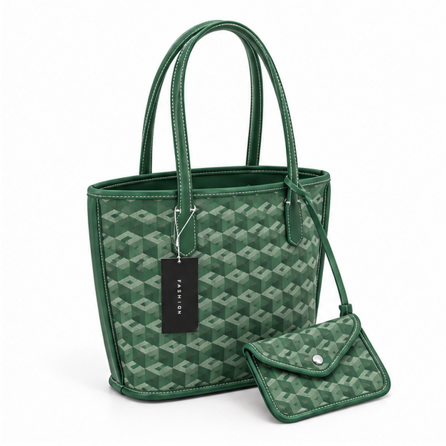 Green Geometric Tote Bag With Pouch-1