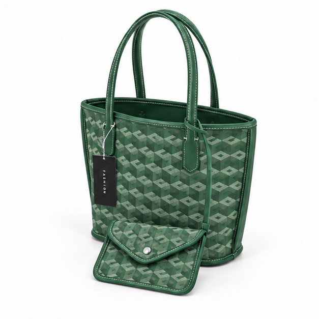 Green Geometric Tote Bag With Pouch-3