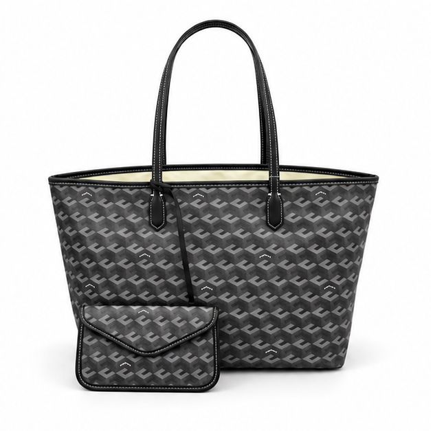 Charcoal Monogram Tote With Matching Pouch-4