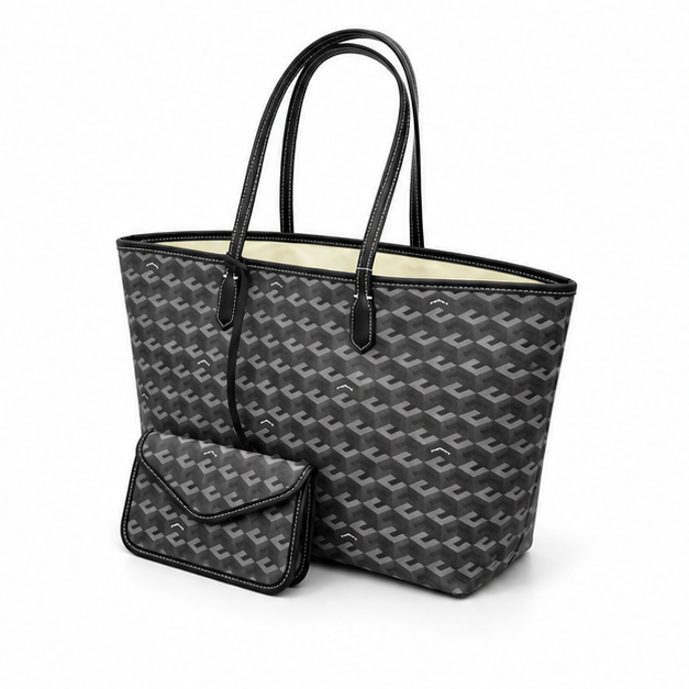 Charcoal Monogram Tote With Matching Pouch-3