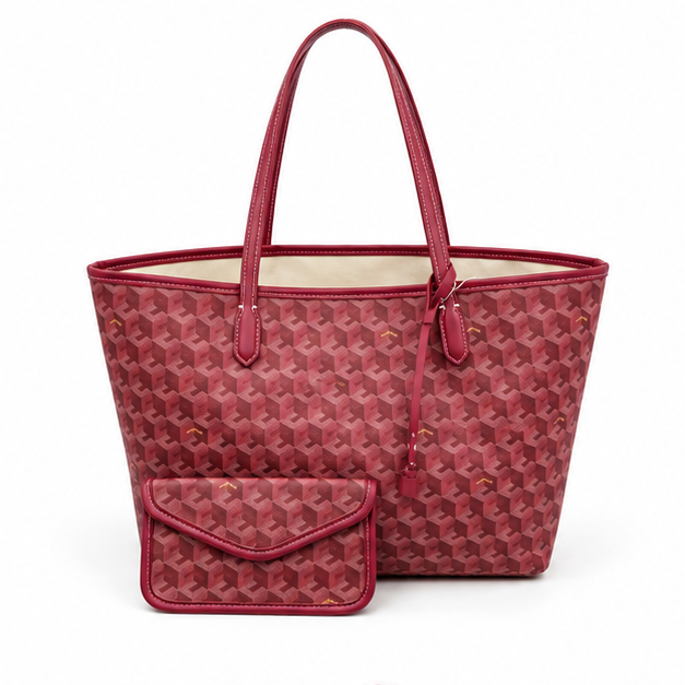 Burgundy Geometric Tote With Matching Pouch-4