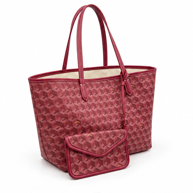 Burgundy Geometric Tote With Matching Pouch-1