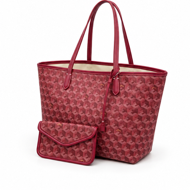 Burgundy Geometric Tote With Matching Pouch-3