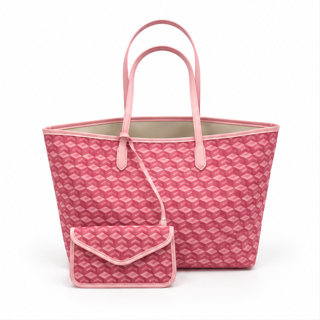 Pink Geometric Tote Bag With Pouch-4