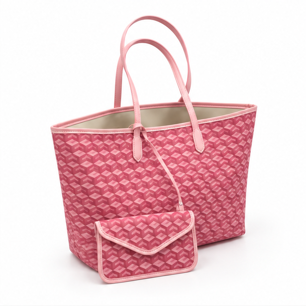 Pink Geometric Tote Bag With Pouch-1