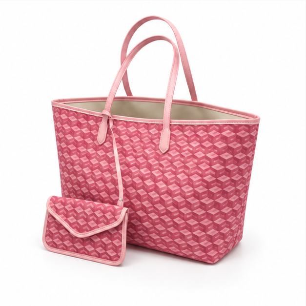Pink Geometric Tote Bag With Pouch-3