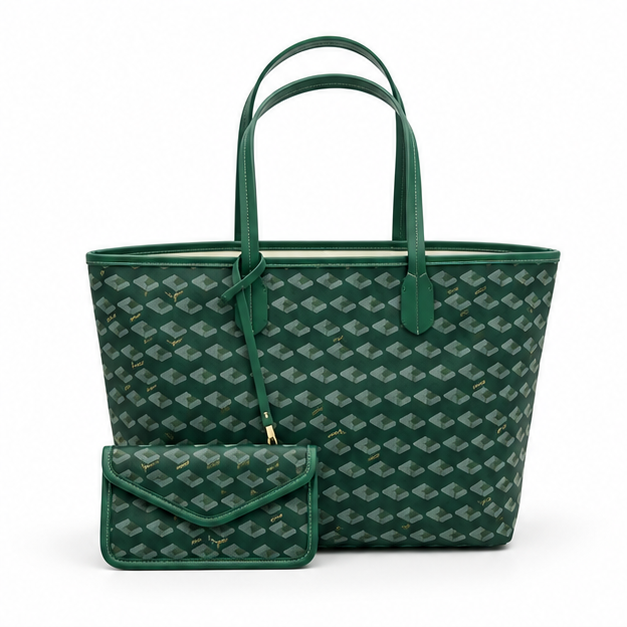 Green Geometric Tote Bag With Pouch-4