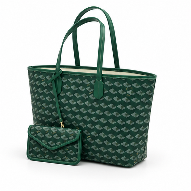 Green Geometric Tote Bag With Pouch-3