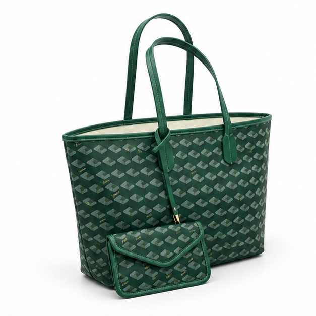 Green Geometric Tote Bag With Pouch-1
