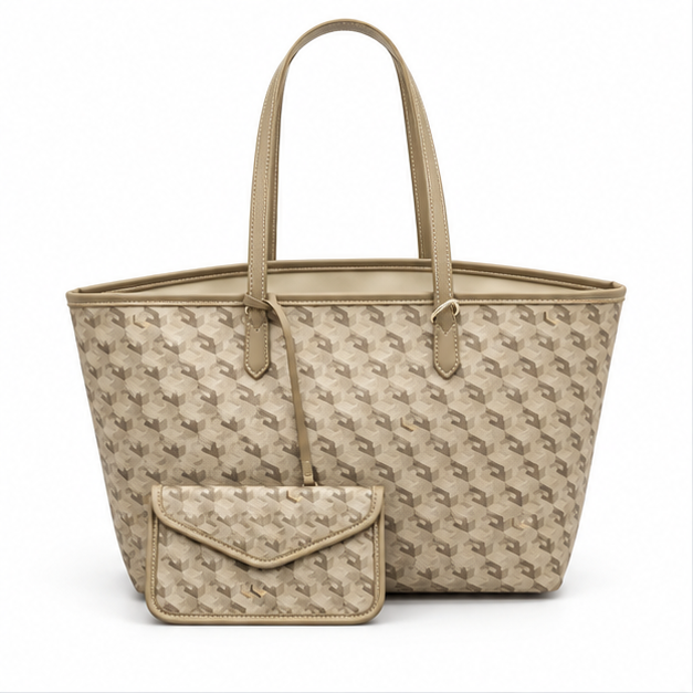 Khaki Geometric Pattern Tote Pouch Set-4