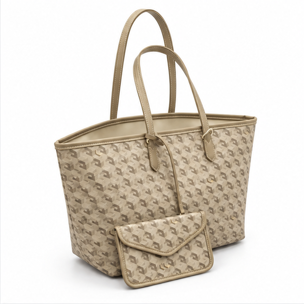 Khaki Geometric Pattern Tote Pouch Set-1