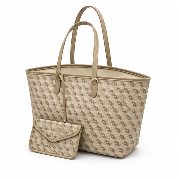 Khaki Geometric Pattern Tote Pouch Set-3
