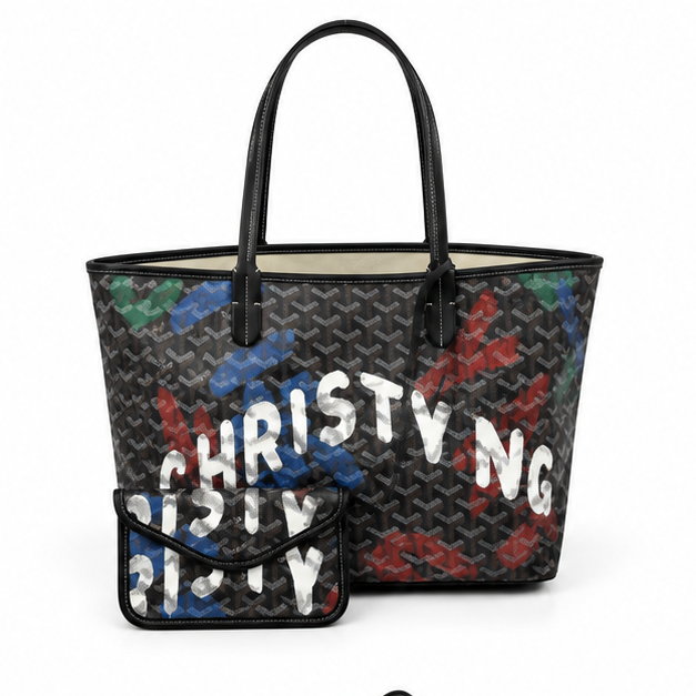 Black Graffiti Geometric Tote With Pouch-4