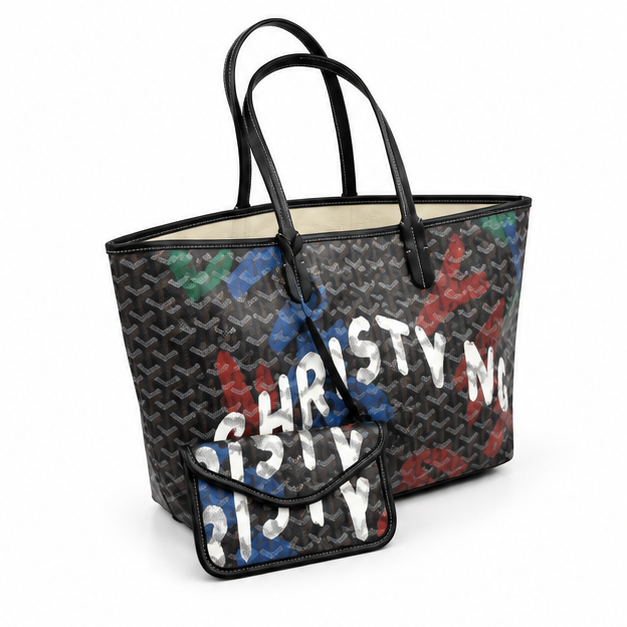 Black Graffiti Geometric Tote With Pouch-1