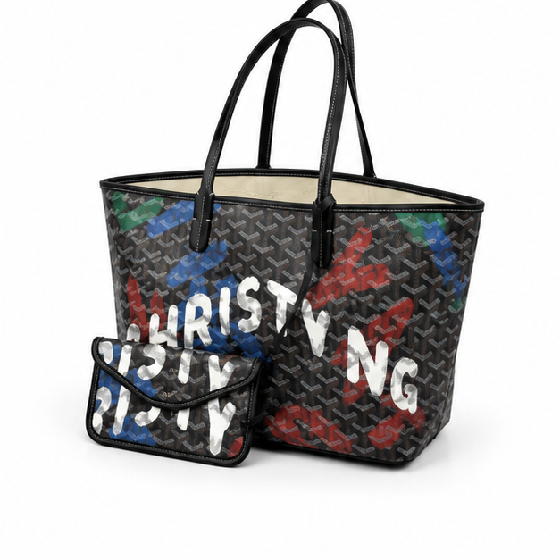 Black Graffiti Geometric Tote With Pouch-3