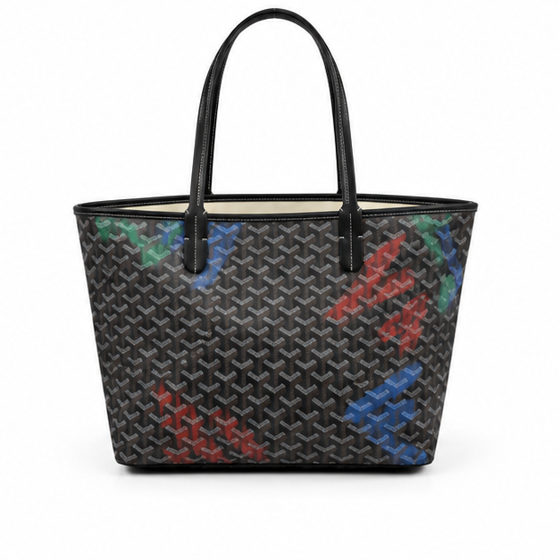 Black Graffiti Geometric Tote With Pouch-2