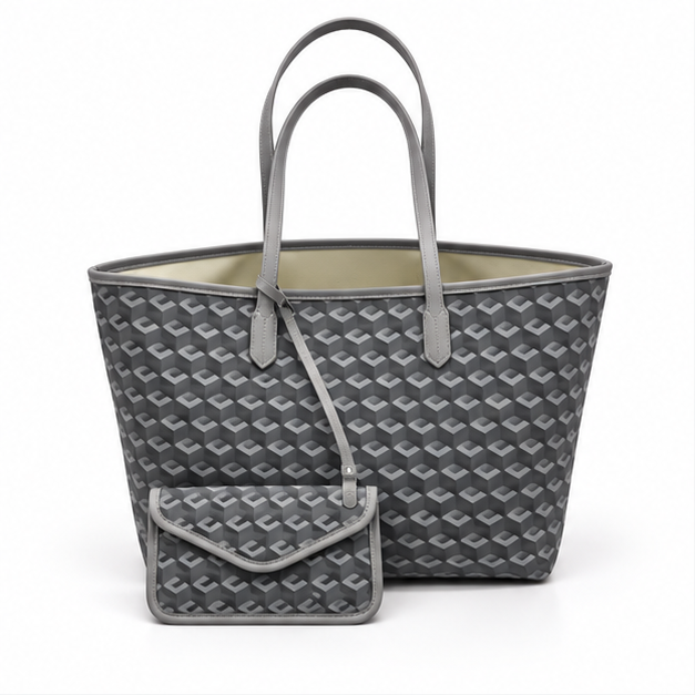 Grey Geometric Tote Bag With Pouch-4