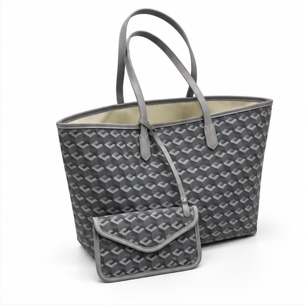 Grey Geometric Tote Bag With Pouch-1