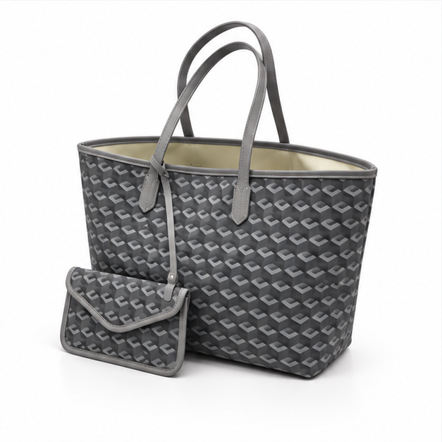 Grey Geometric Tote Bag With Pouch-3