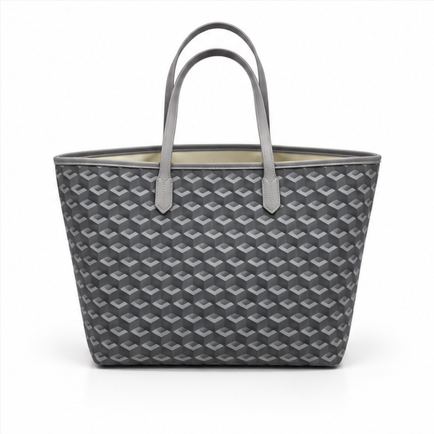 Grey Geometric Tote Bag With Pouch-2