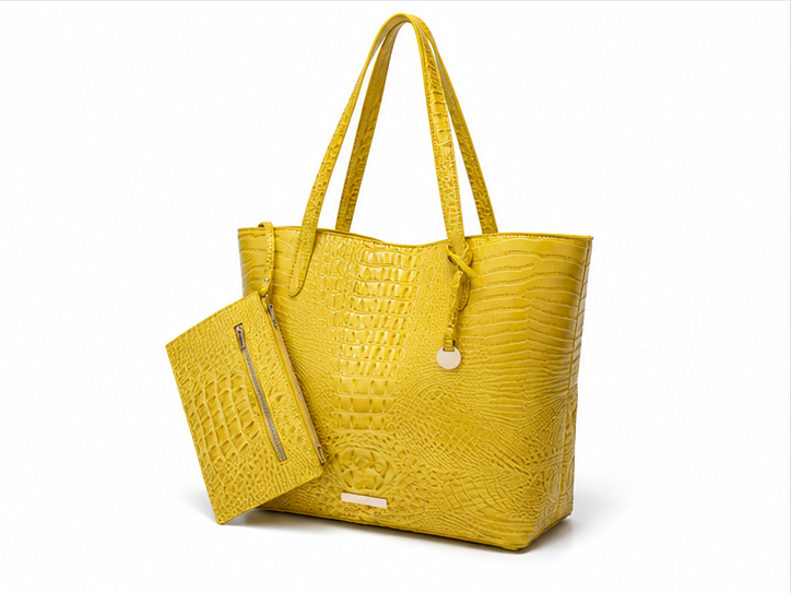 Yellow Crocodile Embossed Large Tote Handbag-3