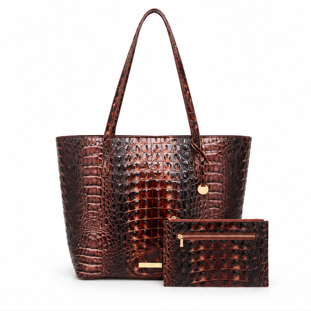 Scallop Brown Crocodile Embossed Tote Set-4