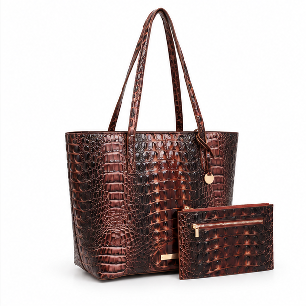 Scallop Brown Crocodile Embossed Tote Set-1