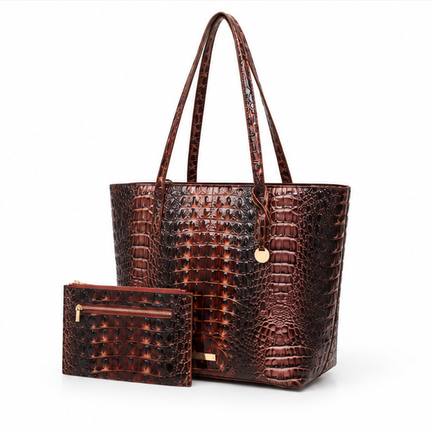 Scallop Brown Crocodile Embossed Tote Set-3
