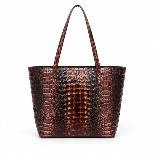 Scallop Brown Crocodile Embossed Tote Set-2