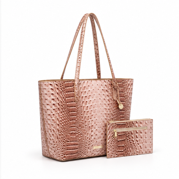 Beige Crocodile Embossed Luxury Tote Set-1
