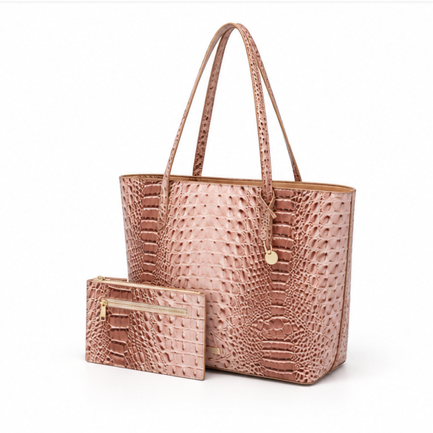 Beige Crocodile Embossed Luxury Tote Set-3