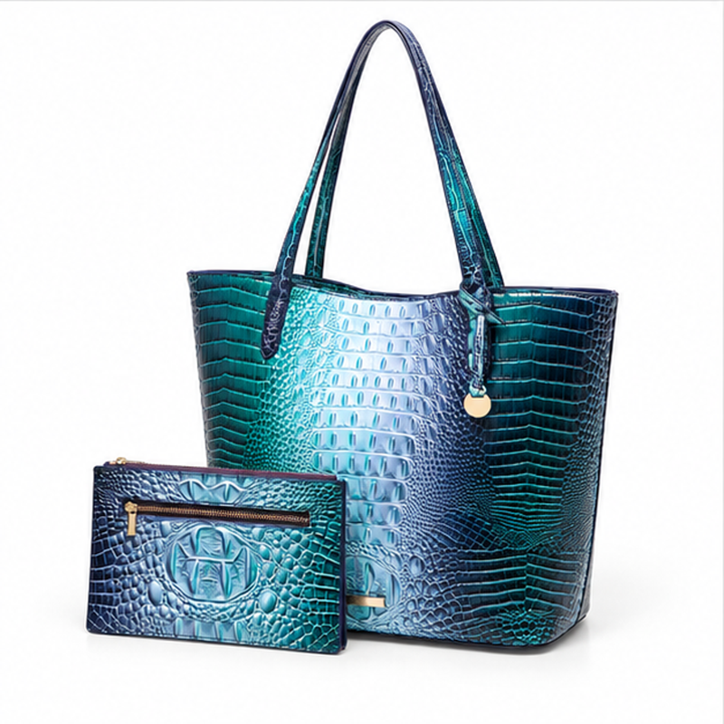 Iridescent Crocodile Embossed Tote Bag Set-3