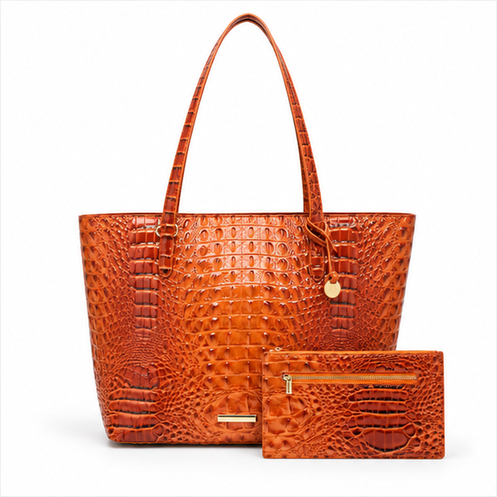 Crocodile Embossed Leather Tote With Pouch-4