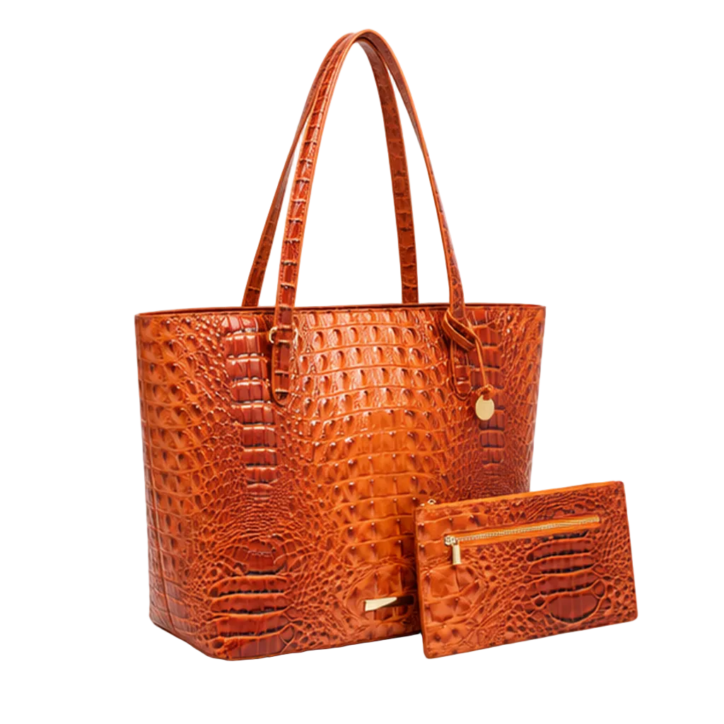 Crocodile Embossed Leather Tote With Pouch-1