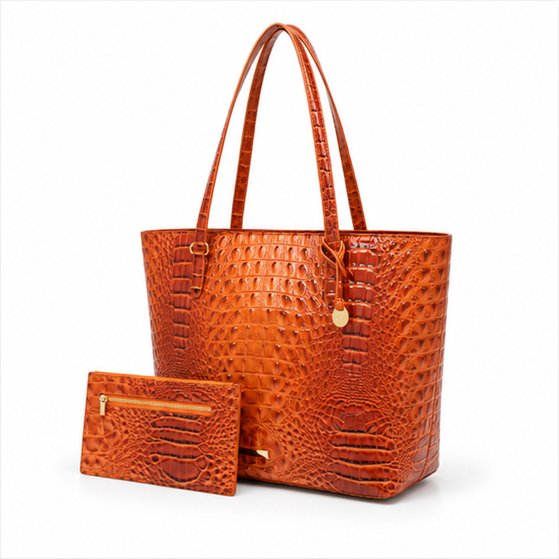 Crocodile Embossed Leather Tote With Pouch-3