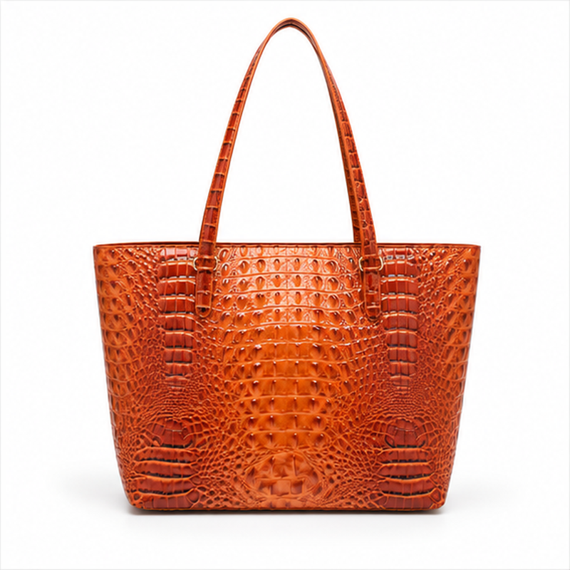 Crocodile Embossed Leather Tote With Pouch-2