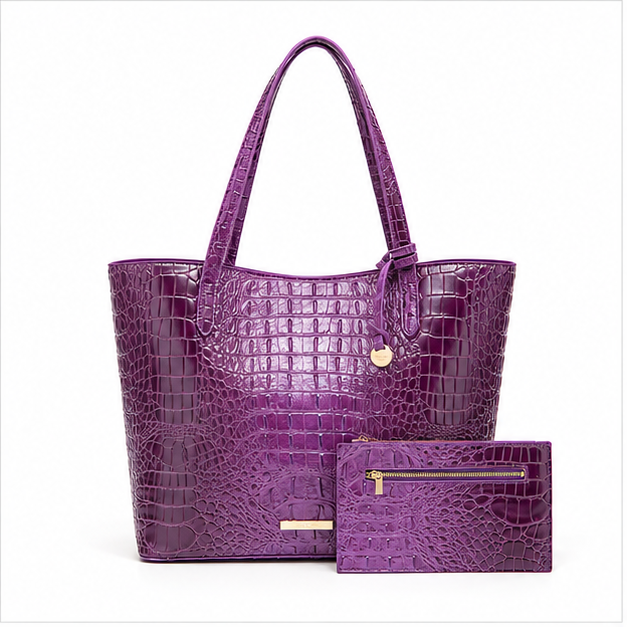 Purple Crocodile Embossed Tote Handbag Set-4
