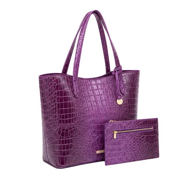 Purple Crocodile Embossed Tote Handbag Set-1