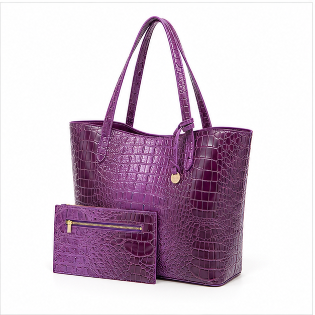 Purple Crocodile Embossed Tote Handbag Set-3