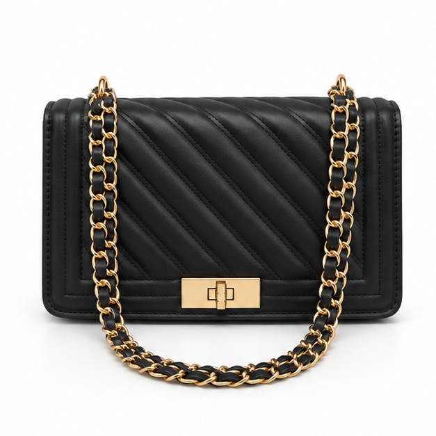 Black Quilted Gold Chain Shoulder Bag-4